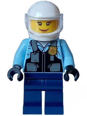 Police - City Motorcyclist Female, Safety Vest with Police Badge, Dark Blue Legs, White Helmet, Trans-Clear Visor
