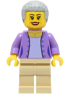 Woman - Medium Lavender Jacket over Lavender Shirt, Tan Legs, Light Bluish Gray Hair