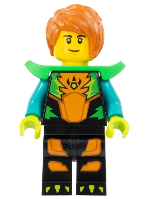 Stuntz Driver - Male, Black Jumpsuit with Orange Trim and Dark Turquoise Arms, Bright Green Shoulder Pads, Dark Orange Hair