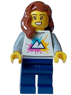 Cozy House Resident - Female, White Shirt with Mountains Logo, Dark Blue Legs, Reddish Brown Hair