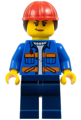 Construction Worker - Female, Blue Jacket with Diagonal Lower Pockets and Orange Stripes, Dark Blue Legs, Red Construction Helmet with Dark Brown Ponytail Hair