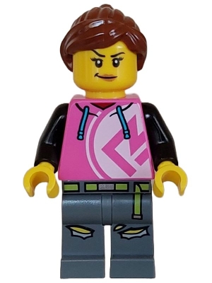 Kick Scooter Driver - Female, Dark Pink Hoodie, Dark Bluish Gray Legs