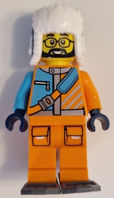 Arctic Explorer - Male, Orange and Medium Azure Jacket, Dark Blue Ushanka Hat, Black Beard, Glasses, Dark Bluish Gray Snowshoes