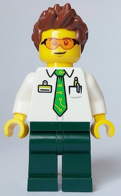 Electric Scooter Rider - Male, White Shirt with Bright Green Tie, Dark Green Legs, Reddish Brown Spiked Hair, Safety Glasses