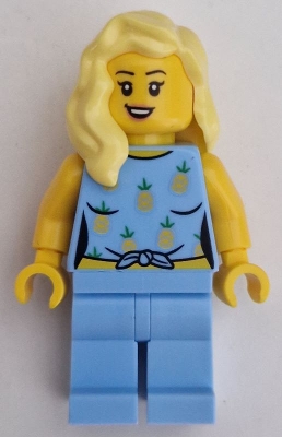 Car Driver - Female, Bright Light Blue Knotted Top with Pineapples and Legs, Bright Light Yellow Hair