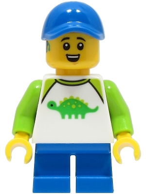 Child - Boy, White Shirt with Bright Green Dinosaur, Blue Short Legs, Blue Cap, Hearing Aid