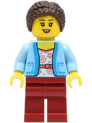 Mom - Bright Light Blue Jacket over White Shirt with Coral Flowers, Dark Red Legs, Dark Brown Hair Braided with Knot Bun