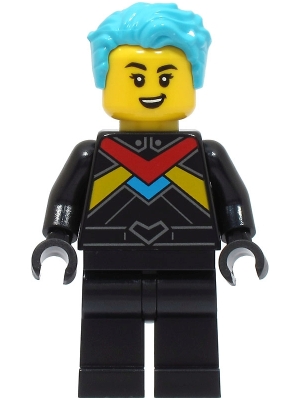 Race Boat Driver - Female, Black Racing Suit with Red, Dark Azure and Bright Light Orange Stripes, Medium Azure Hair