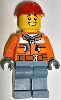 Construction Worker - Male, Orange Safety Jacket, Reflective Stripe, Sand Blue Hoodie, Sand Blue Legs, Red Construction Helmet
