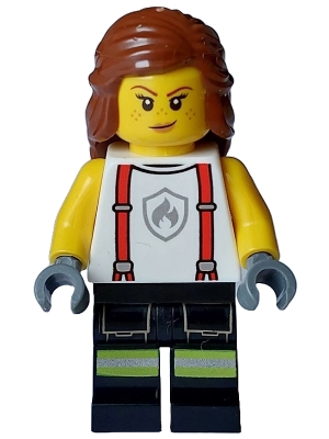 Fire - Female, White Shirt with Suspenders, Legs with Reflective Stripes, Reddish Brown Hair with Braid
