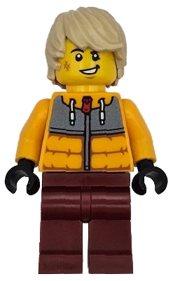 Snowboarder - Male, Bright Light Orange Jacket, Dark Red Legs, Tan Tousled Hair, Scuff Mark