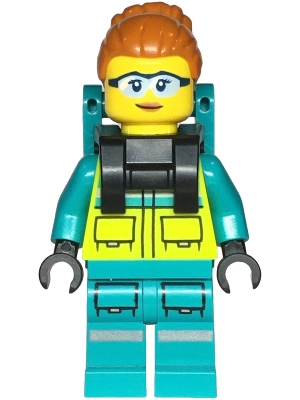 Paramedic - Female, Dark Turquoise and Neon Yellow Safety Vest, Legs with Silver Reflective Stripes, Dark Orange High Bun, Backpack