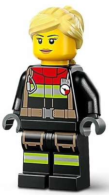 Fire - Female, Black Jacket and Legs with Reflective Stripes and Red Collar, Bright Light Yellow Hair Ponytail and Swept Sideways Fringe