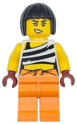 Police - City Bandit Crook Female, White Tank Top Cropped with Black Stripes, Orange Legs, Black Bob Cut Hair
