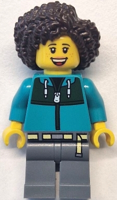 Bus Passenger - Female, Dark Turquoise Jacket with Dark Green Panel, Dark Bluish Gray Legs, Dark Brown Hair