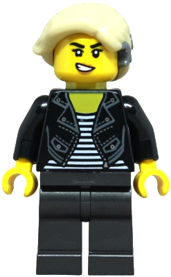 Sports Car Driver - Female, Black Leather Jacket over Shirt with White Stripes, Pearl Dark Gray Legs, Tan Hair with Cochlear Implant