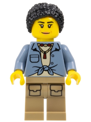 City Jungle Explorer Female - Sand Blue Knotted Shirt over Tan T-Shirt, Dark Tan Legs, Black Hair Braided with Knot Bun