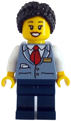 Tram Driver - Female, Sand Blue Vest, Dark Blue Legs, Black Hair Braided with Knot Bun