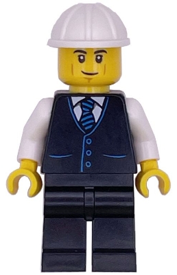 Construction Engineer / Architect - Male, Black Vest with Blue Striped Tie, Black Legs, White Construction Helmet, Lopsided Grin