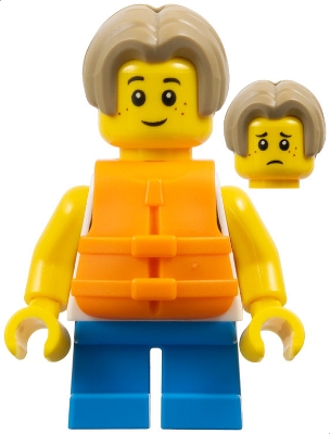 Child - Boy, White Tank Top with Dark Azure Sailboat, Dark Azure Short Legs, Dark Tan Bowl Cut Hair, Orange Life Jacket