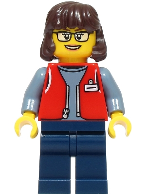 Forklift Driver - Female, Red Vest over Sand Blue Shirt, Dark Blue Legs, Dark Brown Hair