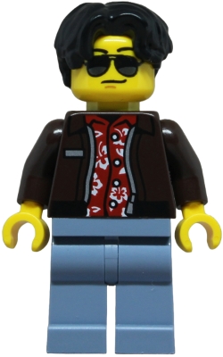 Sports Car Driver - Male, Dark Brown Jacket over Red Hawaiian Shirt, Sand Blue Legs, Black Hair Wavy, Sunglasses