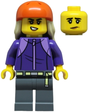 Skateboarder - Female, Dark Purple Tracksuit, Dark Bluish Gray Legs, Reddish Orange Sports Helmet, Tan Long Hair