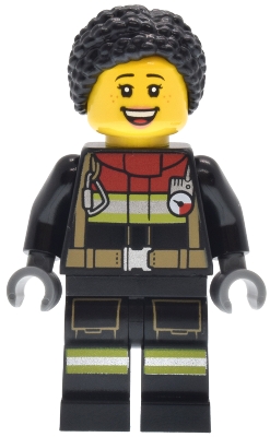 Fire - Female, Black Jacket and Legs with Reflective Stripes and Red Collar, Black Hair Braided with Knot Bun, Freckles
