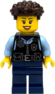 Police - City Officer Female, Black Safety Vest with Silver Star Badge Logo, Dark Blue Legs, Dark Brown Coiled Hair