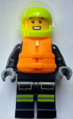 Fire - Male, Black Jacket and Legs with Reflective Stripes and Red Collar, Neon Yellow Helmet, Trans-Clear Visor, Orange Life Jacket