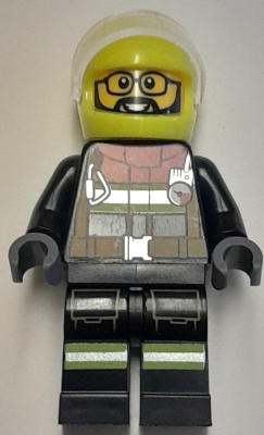 Fire - Male, Black Jacket and Legs with Reflective Stripes and Red Collar, Neon Yellow Helmet, Trans-Clear Visor