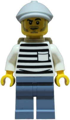 Police - City Jail Prisoner Male, White Shirt with Pocket and Black Stripes, Sand Blue Legs, Light Bluish Gray Flat Cap, Dark Tan Backpack