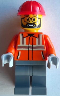 Construction Worker - Male, Reddish Orange Safety Jacket with Reflective Stripes, Dark Bluish Gray Legs, Red Construction Helmet, Beard