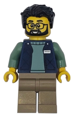 Delivery Worker - Male, Dark Blue Bodywarmer over Sand Green Sweater, Dark Tan Legs, Black Hair