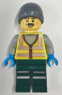 Snowplow Driver - Male, Neon Yellow Safety Vest with Reflective Stripes, Dark Green Legs with Reflective Stripes, Gray Beanie