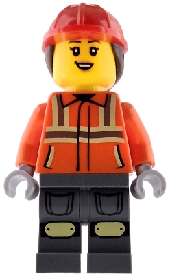 Construction Worker - Female, Reddish Orange Safety Jacket with Reflective Stripes, Dark Bluish Gray Legs, Red Construction Helmet with Dark Brown Ponytail Hair, Open Mouth Smile with Top Teeth