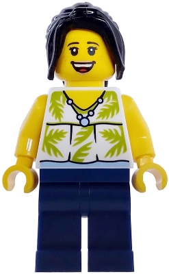 Plane Passenger - Female, White Sleeveless Top with Lime Palm Leaves, Dark Blue Legs, Black Hair Ponytail
