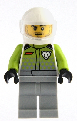 Go-Kart Driver - Male, Lime Racing Suit with Leopard Logo, Light Bluish Gray Legs, White Helmet, Trans-Clear Visor, Goatee Stubble