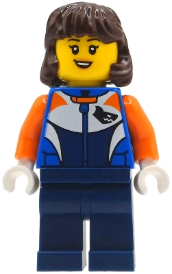 Bike Racer - Female, Racing Suit with Shark Head Logo, Dark Blue Legs, Dark Brown Hair Mid-Length