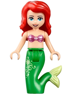 Ariel, Mermaid (Light Nougat) - Metallic Pink Shell Bra Top, Bright Green Tail with Star and Filigree, Medium Azure Eyes