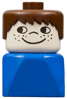 Duplo 2 x 2 x 2 Figure Brick Early, Male on Blue Base, Brown Hair, Cheek Freckles