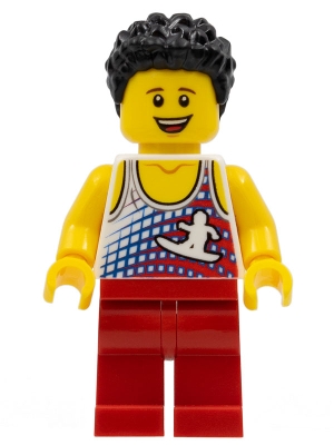 Male, Tank Top with Surfer Silhouette, Red Legs, Black Hair