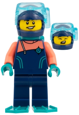 Arctic Explorer Diver - Dark Blue Wetsuit with Coral Sleeves, Dark Turquoise Tank and Flippers, Dark Blue Helmet