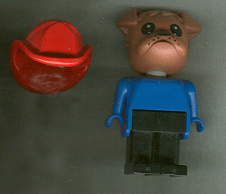 Fabuland Bulldog - Bertie Bulldog (Fireman), Brown Head, Red Fire Helmet, Blue Top
