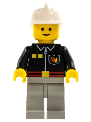 Fire - Flame Badge and 2 Buttons, Light Bluish Gray Legs, White Fire Helmet