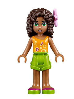Friends Andrea - Lime Shorts, Bright Light Orange Top with Music Notes, Flower