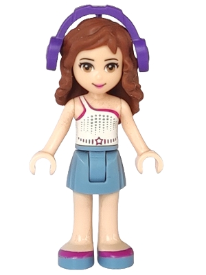 Friends Olivia (Light Nougat) - Sand Blue Skirt, White One Shoulder Top with Magenta Trim, Headphones
