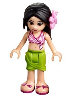 Friends Martina - Lime Wrap Skirt, Dark Pink and White Swimsuit Top, Bright Pink Flower