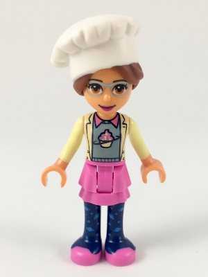 Friends Olivia (Nougat) - Dark Pink Skirt and Dark Blue Leggings, Sand Green Sweater with Bright Yellow Jacket, White Chef Toque with Hair