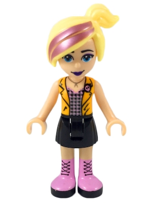 Friends Chloe - Black Skirt, Silver Top with Black and Bright Pink Squares, Bright Light Orange Vest